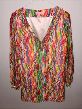 Lilly Pulitzer Multicolor Beaded V-Neck Tunic Top